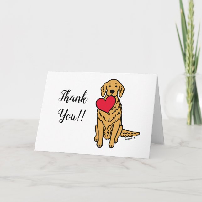 Golden Retriever Cartoon Red Heart Thank You Card (Front)