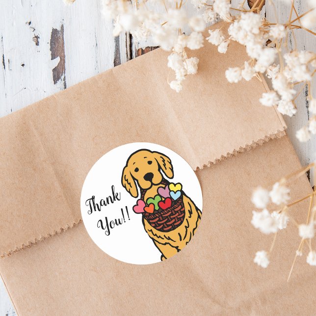 Golden Retriever Cartoon Thank You Classic Round Sticker (Golden Retriever Cartoon Thank You Sticker for Golden Retriever Owners.  Captured sweet expression.)
