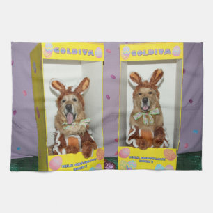 Golden Retriever Chocolate Rabbits in Boxes Tea Towel