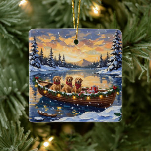 Golden Retriever Christmas Boat Holiday Ceramic Ornament