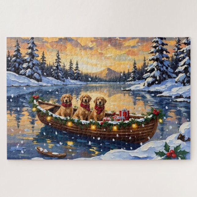 Golden Retriever Christmas Boat Holiday Jigsaw Puzzle (Horizontal)