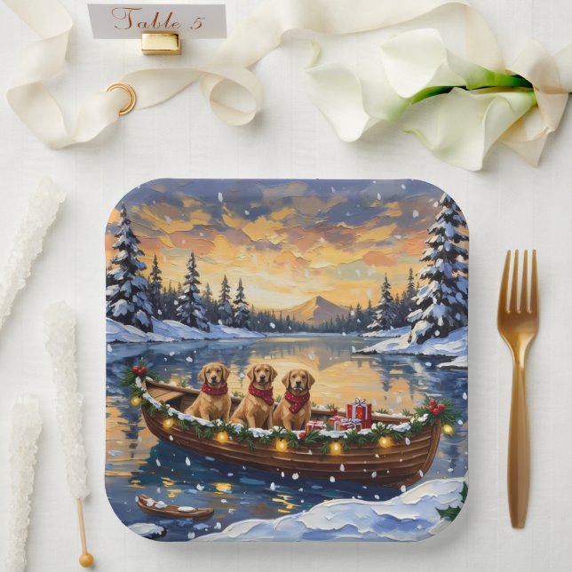 Golden Retriever Christmas Boat Holiday Paper Plate (Wedding)