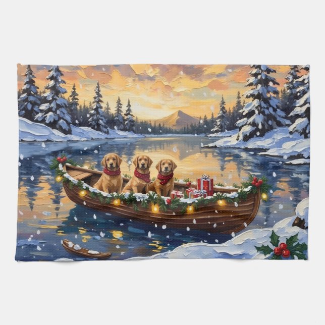 Golden Retriever Christmas Boat Holiday Tea Towel (Horizontal)