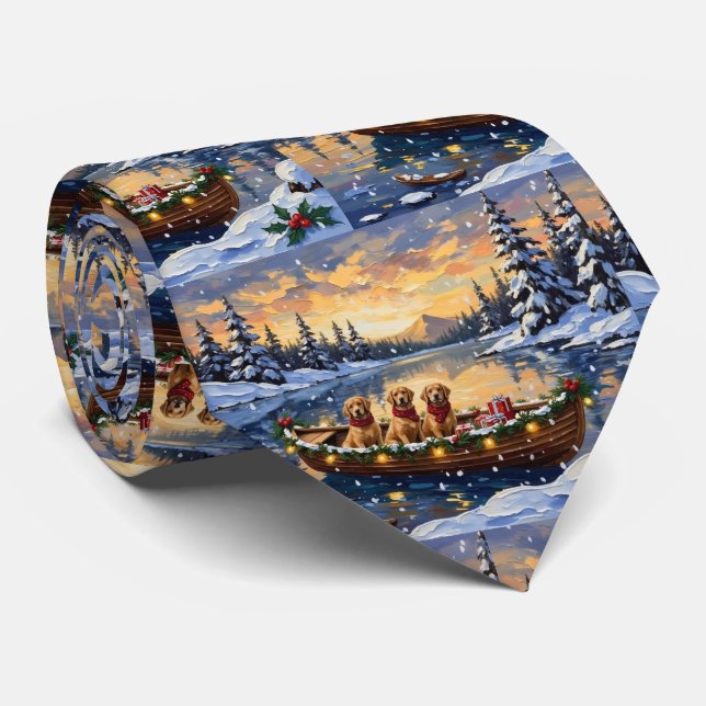 Golden Retriever Christmas Boat Holiday Tie (Rolled)
