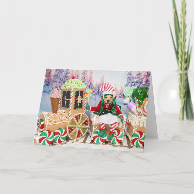 Golden Retriever Christmas Candy Train Holiday Card (Front)