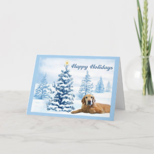 Golden Retriever  Christmas Card Blue Tree2
