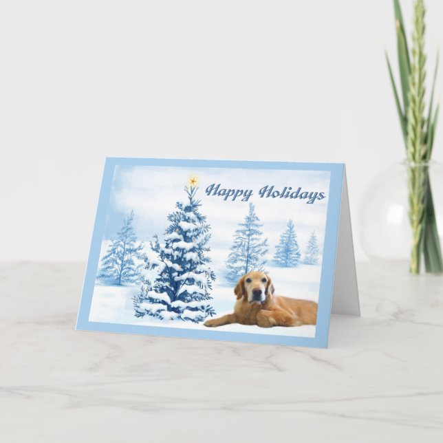 Golden Retriever  Christmas Card Blue Tree2 (Front)