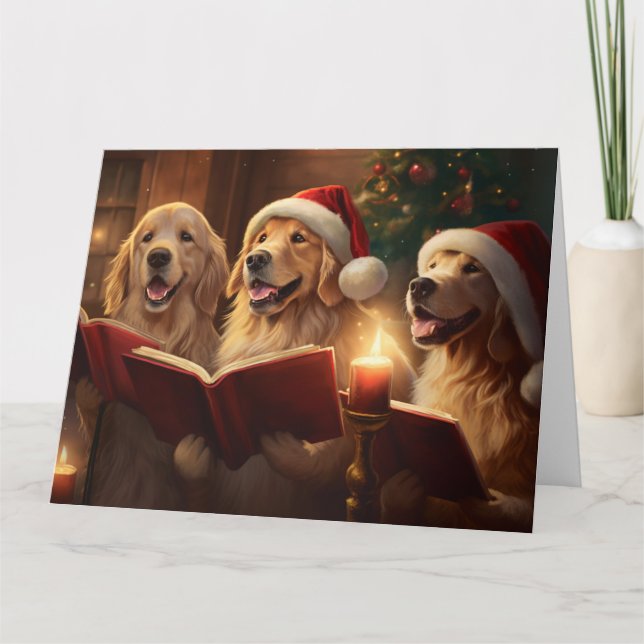 Golden Retriever Christmas Carolers Fun Holiday Card (Front)