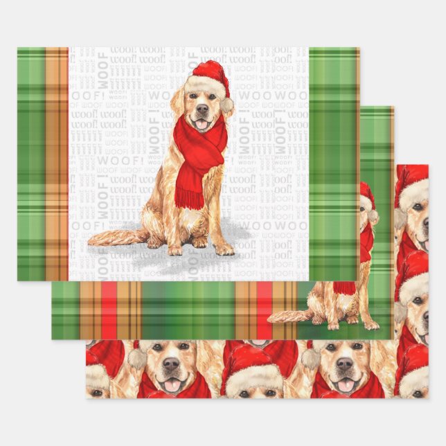 Golden Retriever Christmas Dog and Plaid Wrapping Paper Sheet (Set)