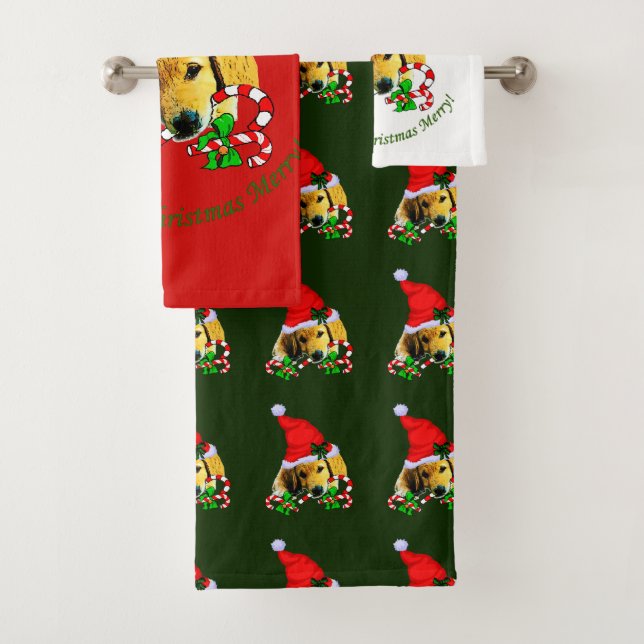 Golden Retriever Christmas Merry Bath Towel Set (Insitu)
