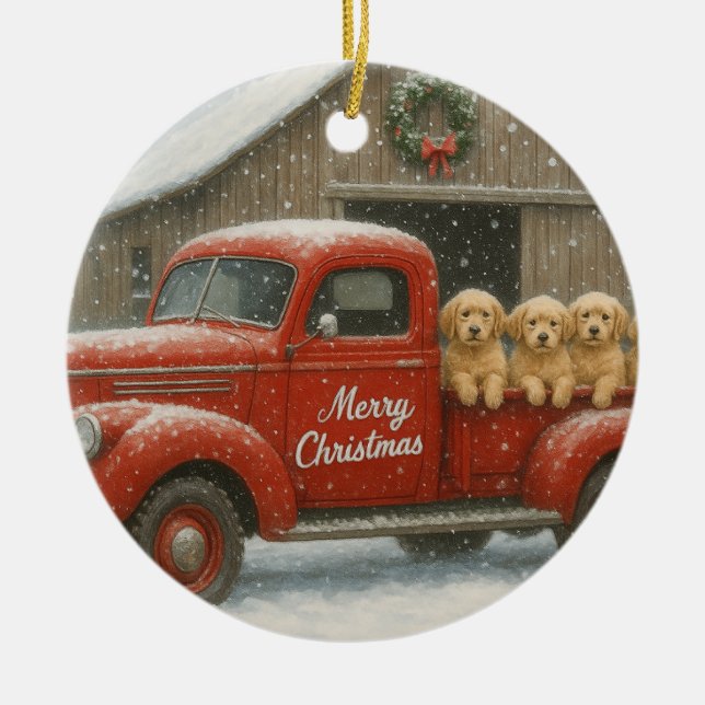 Golden Retriever Christmas Puppies in Old Truck Ceramic Tree Decoration (Front)