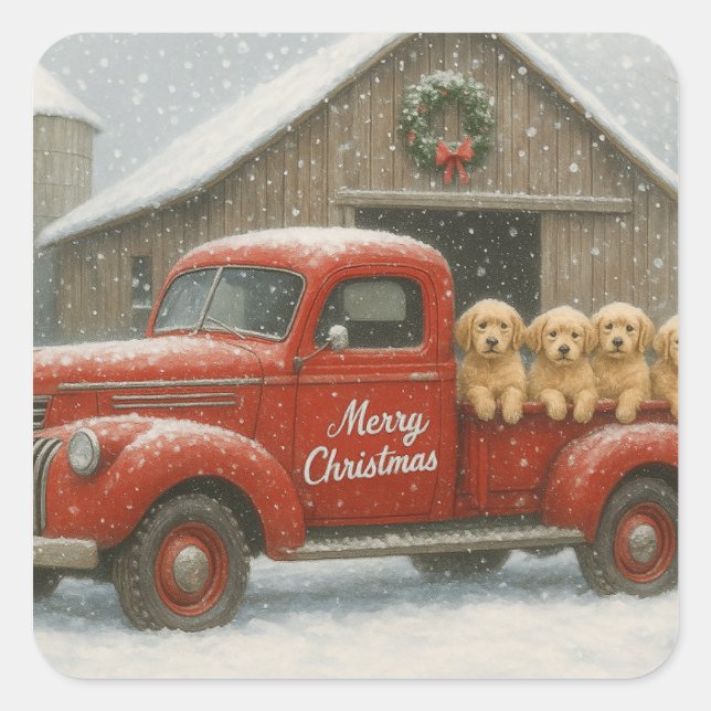 Golden Retriever Christmas Puppies in Old Truck Square Sticker (Front)