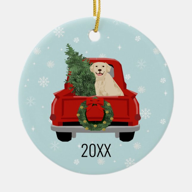 Golden Retriever Christmas Red Truck Ceramic Tree Decoration (Front)
