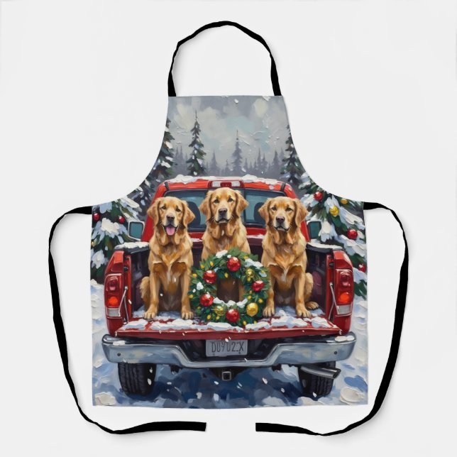 Golden Retriever Christmas Red Truck Holiday Apron (Front)