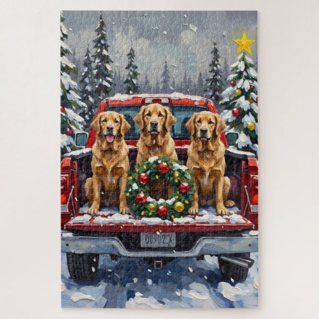 Golden Retriever Christmas Red Truck Holiday Jigsaw Puzzle (Vertical)