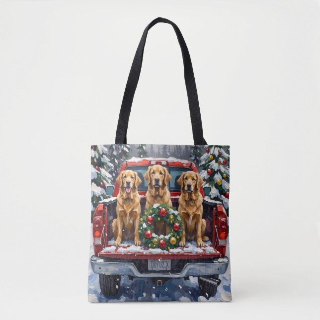 Golden Retriever Christmas Red Truck Holiday Tote Bag (Front)