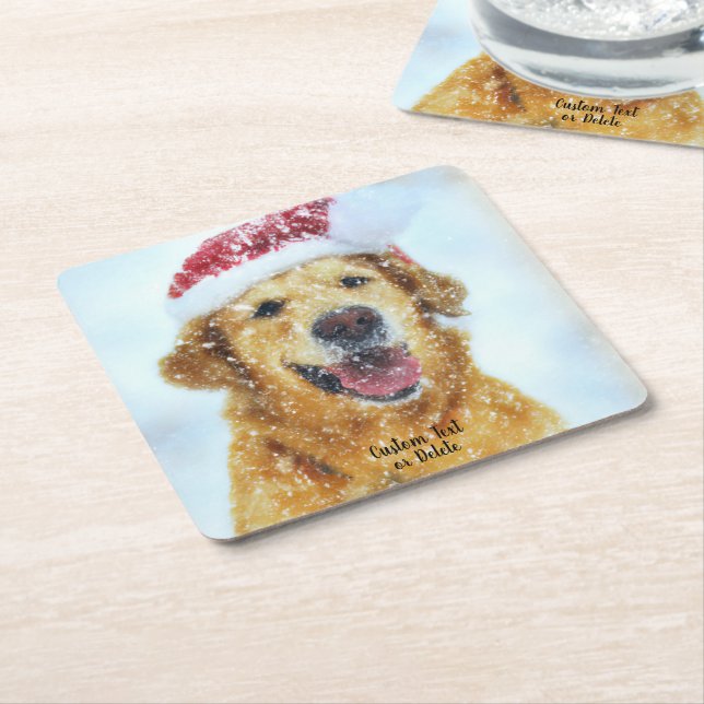 Golden Retriever, Christmas Santa hat Custom Text Square Paper Coaster (Angled)