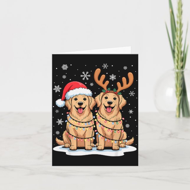 Golden Retriever Christmas Santa Hat Reindeer Ligh Card (Front)