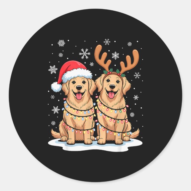 Golden Retriever Christmas Santa Hat Reindeer Ligh Classic Round Sticker (Front)