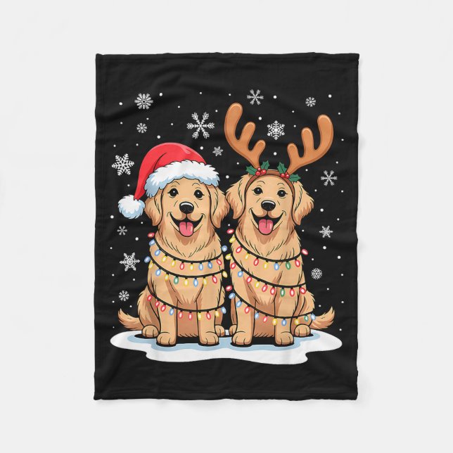 Golden Retriever Christmas Santa Hat Reindeer Ligh Fleece Blanket (Front)