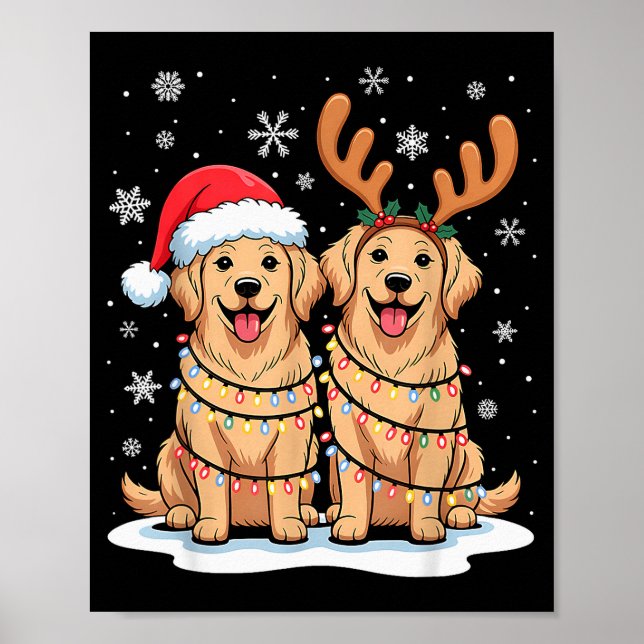 Golden Retriever Christmas Santa Hat Reindeer Ligh Poster (Front)