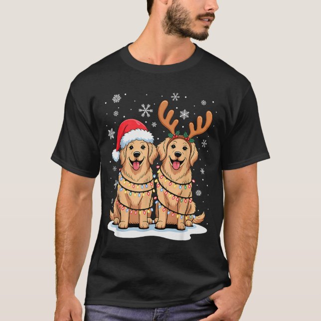 Golden Retriever Christmas Santa Hat Reindeer Ligh T-Shirt (Front)