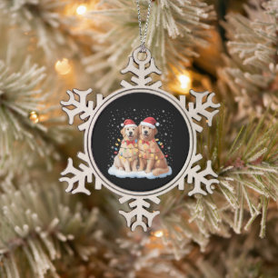 Golden Retriever Christmas Santa Hat Reindeer Snowflake Pewter Christmas Ornament