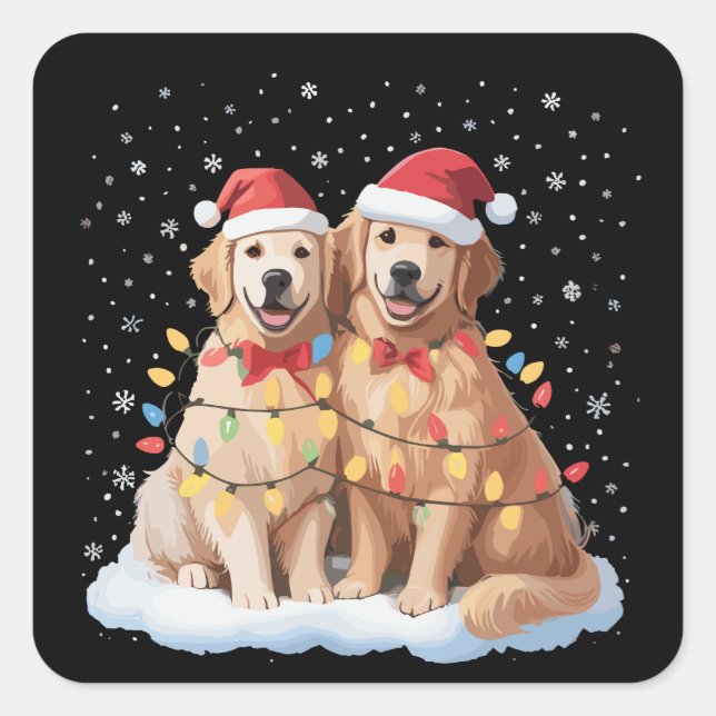Golden Retriever Christmas Santa Hat Reindeer  Square Sticker (Front)