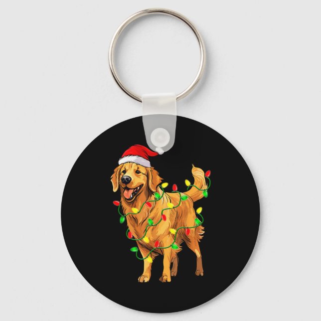 Golden Retriever Christmas Santa Hat Tree Lights P Key Ring (Front)