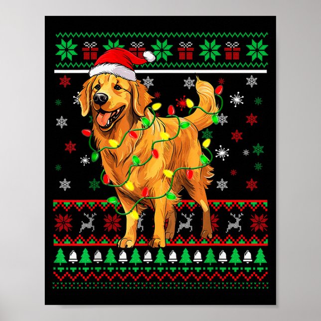 Golden Retriever Christmas Santa Hat Tree Lights P Poster (Front)