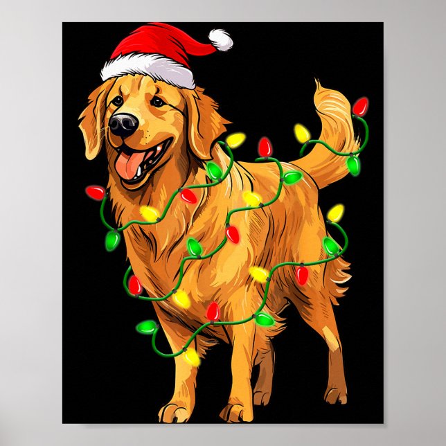 Golden Retriever Christmas Santa Hat Tree Lights P Poster (Front)