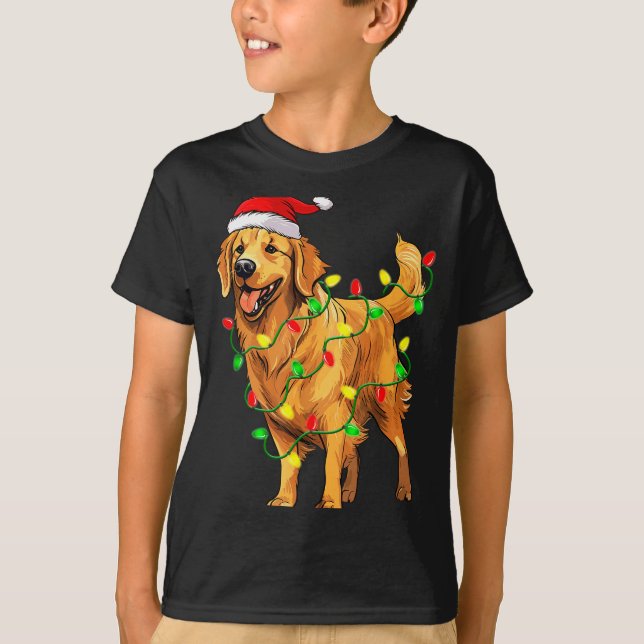 Golden Retriever Christmas Santa Hat Tree Lights P T-Shirt (Front)