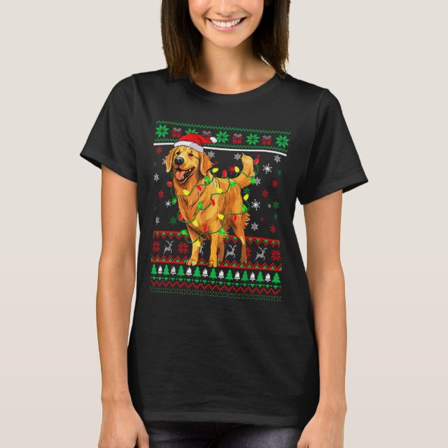 Golden Retriever Christmas Santa Hat Tree Lights P T-Shirt (Front)