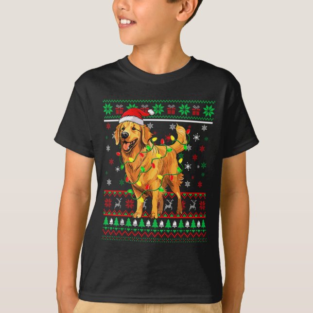 Golden Retriever Christmas Santa Hat Tree Lights P T-Shirt (Front)