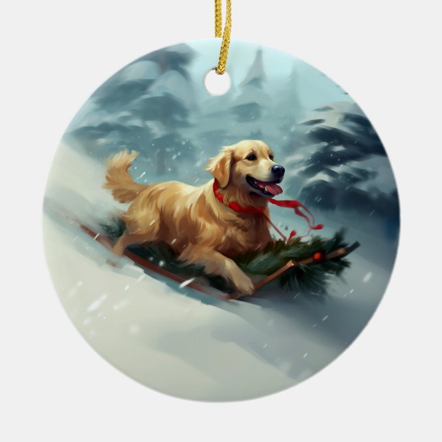 Golden Retriever Christmas snow winter  Ceramic Tree Decoration (Front)
