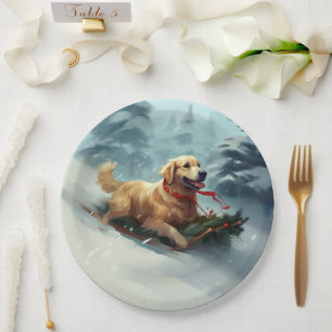 Golden Retriever Christmas snow winter Paper Plate