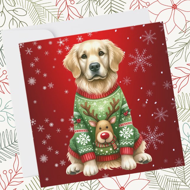 Golden Retriever Christmas Sweater On Red Holiday Card (Creator Uploaded)