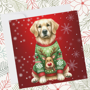 Golden Retriever Christmas Sweater On Red Holiday Card