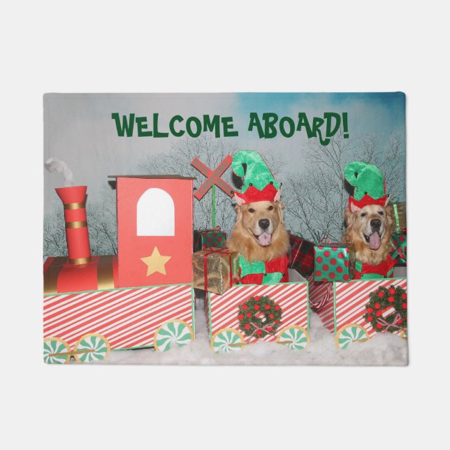 Golden Retriever Christmas Train Welcome Aboard Doormat (Front)