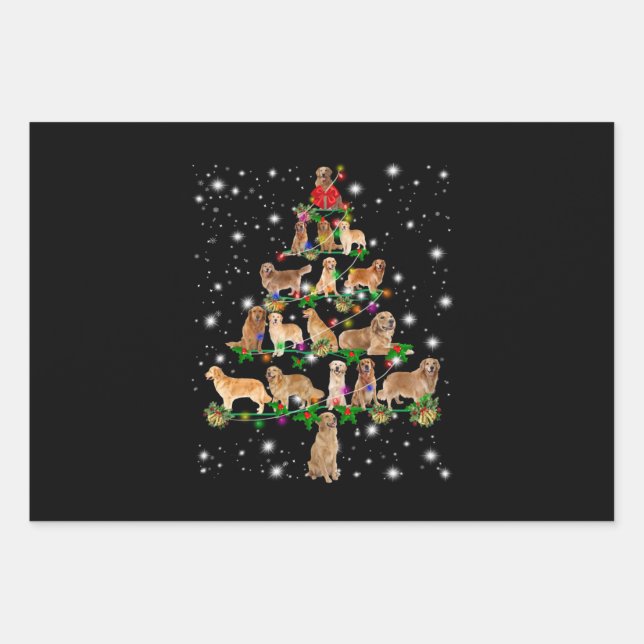 Golden Retriever Christmas Tree Covered By Flash Wrapping Paper Sheet (Front)