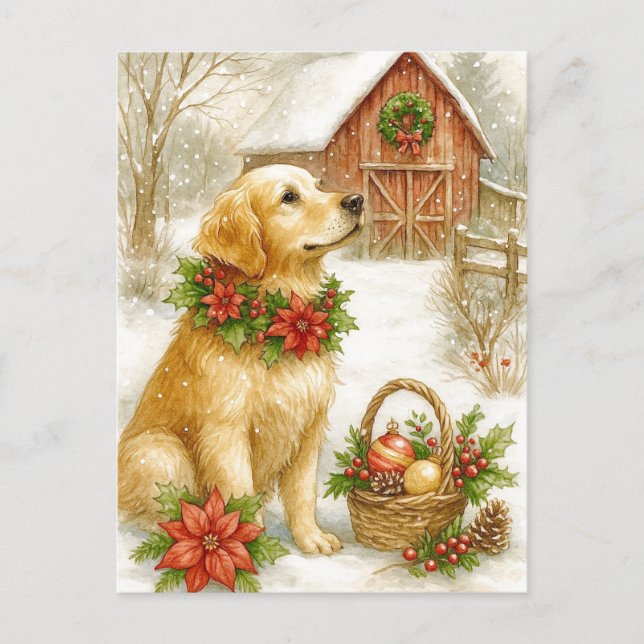 Golden Retriever Christmas Watercolor Postcard (Front)