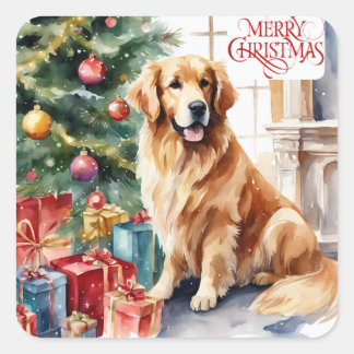 Golden Retriever Christmas Watercolor Square Sticker