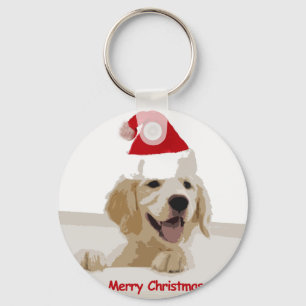 Golden Retriever Christmas with Santa Hat Key Ring