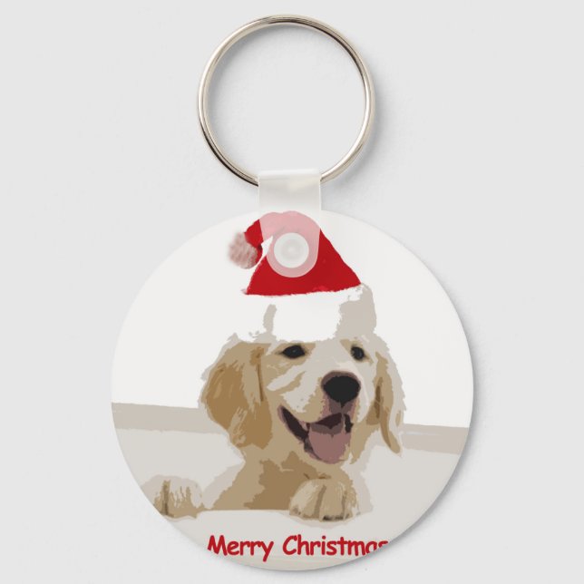 Golden Retriever Christmas with Santa Hat Key Ring (Front)