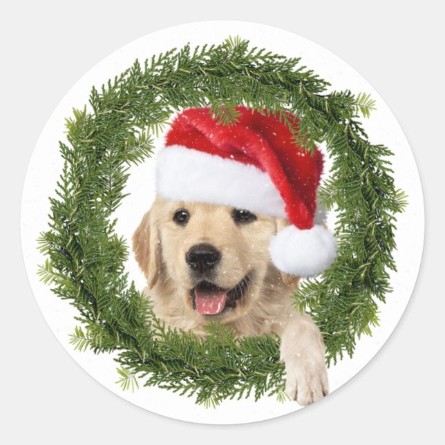 Golden Retriever Christmas wreath Classic Round Sticker (Front)