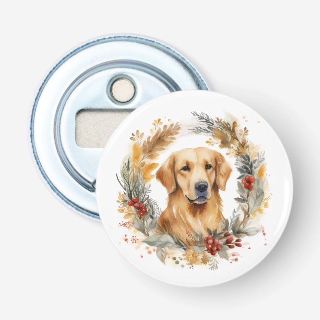 Golden Retriever Christmas Wreath Festive Pup Bottle Opener (Front)