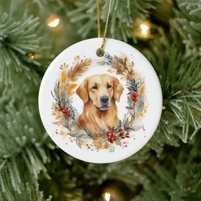 Golden Retriever Christmas Wreath Festive Pup Ceramic Tree Decoration (Tree)