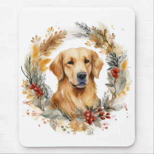 Golden Retriever Christmas Wreath Festive Pup Mouse Mat