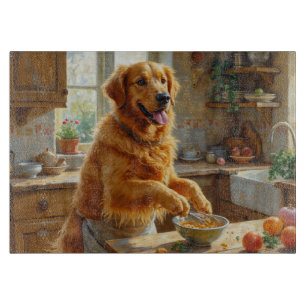 Golden Retriever Cooking in Kitchen Cutting Board