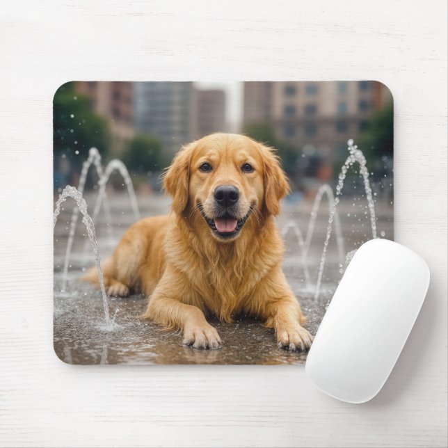 Golden Retriever Cooling Off In a Splash Pad Mouse Mat (With Mouse)